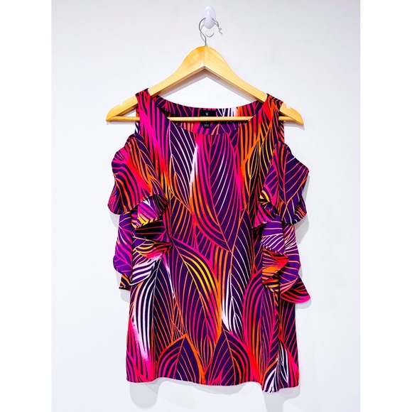 Worthington Tops - WORTHINGTON Purple orange leaf print cold shoulder top | Colorful | Large
